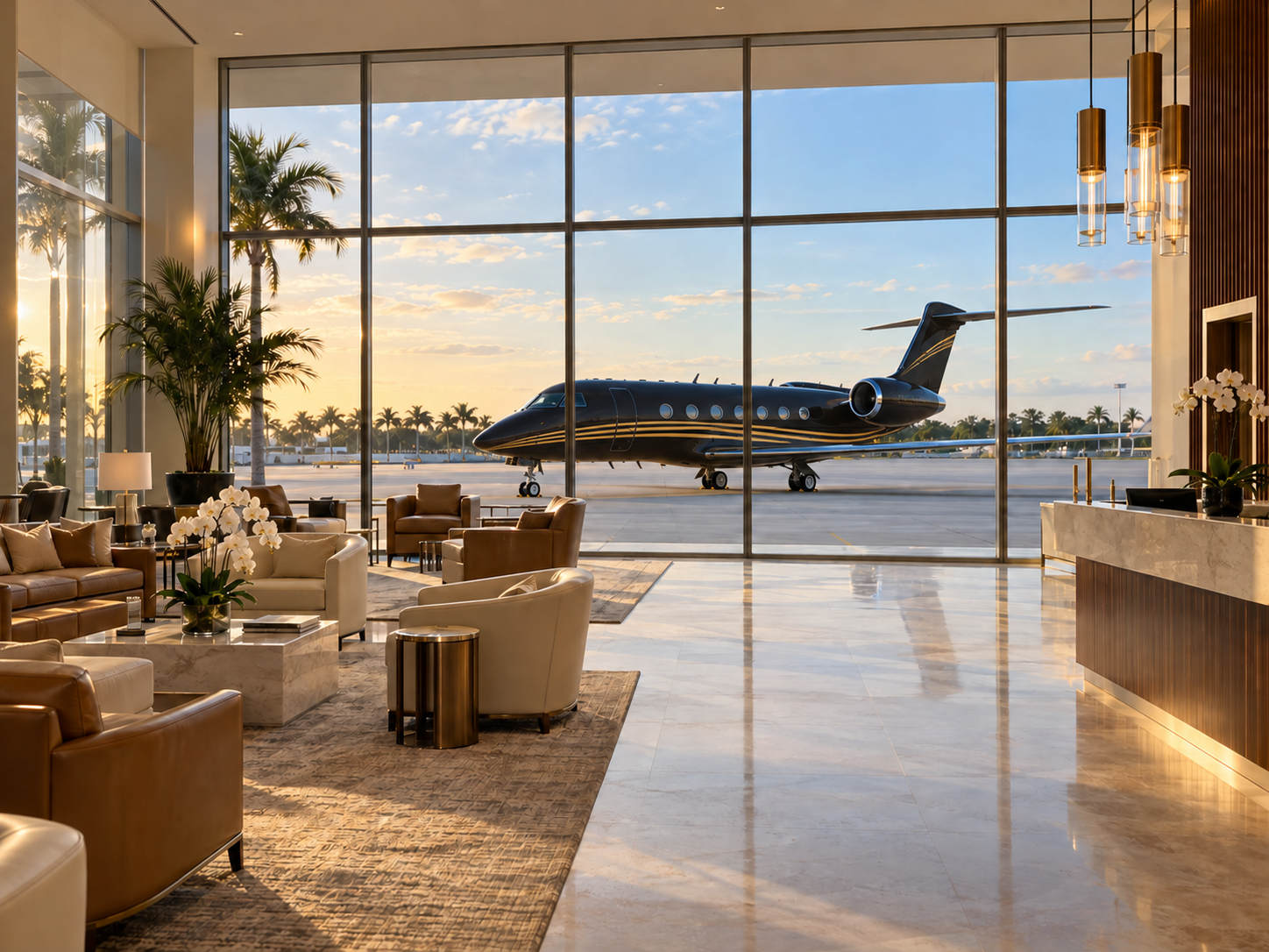 Illustrative luxury FBO reception lounge with polished floors and a black private jet with gold stripes outside